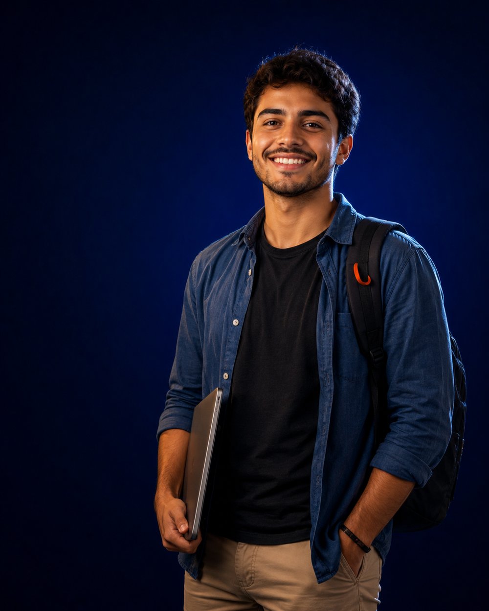 Estudante universitário com mochila e notebook no campus da Faculdade SEUNE